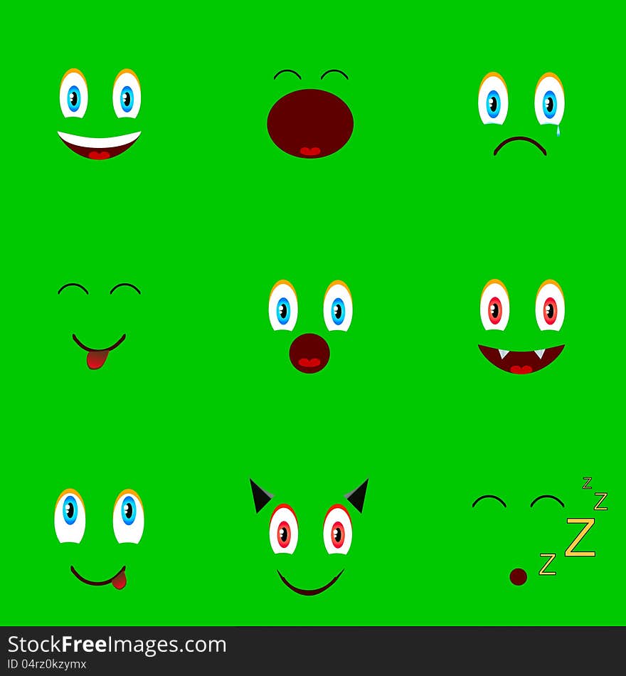 Nine faces located on a green backround. Nine faces located on a green backround