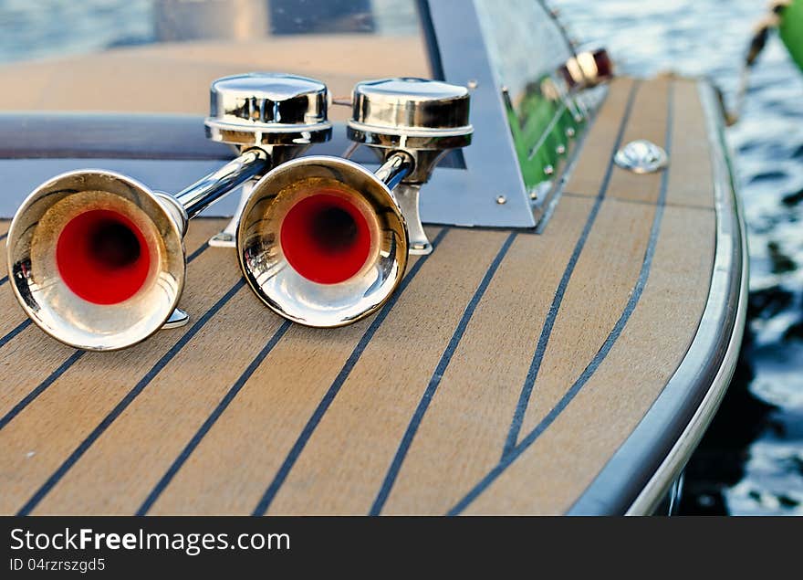 Chrome horn mounted on river boat. Chrome horn mounted on river boat