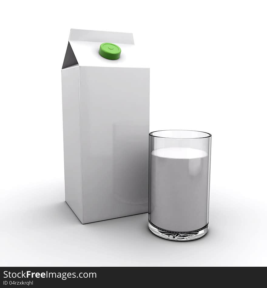 Milk pack and a glass of milk on a white background (3d render)