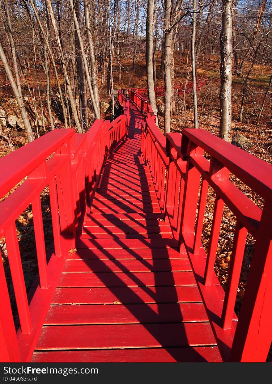 Picture of the red bridge in the forest in fall time (sunny day). Picture of the red bridge in the forest in fall time (sunny day)