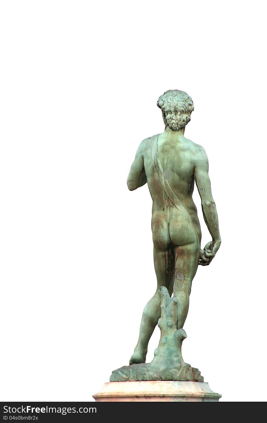 Statue of David  by Michelangelo in Florence, view from back, with clipping path, isolated on white. Statue of David  by Michelangelo in Florence, view from back, with clipping path, isolated on white