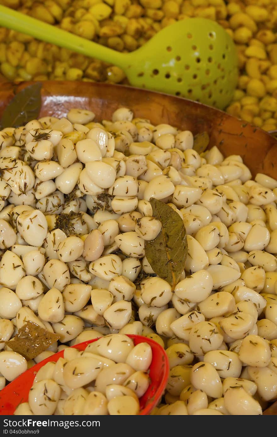 Pickled Garlic With Spices And Herbs At The Market