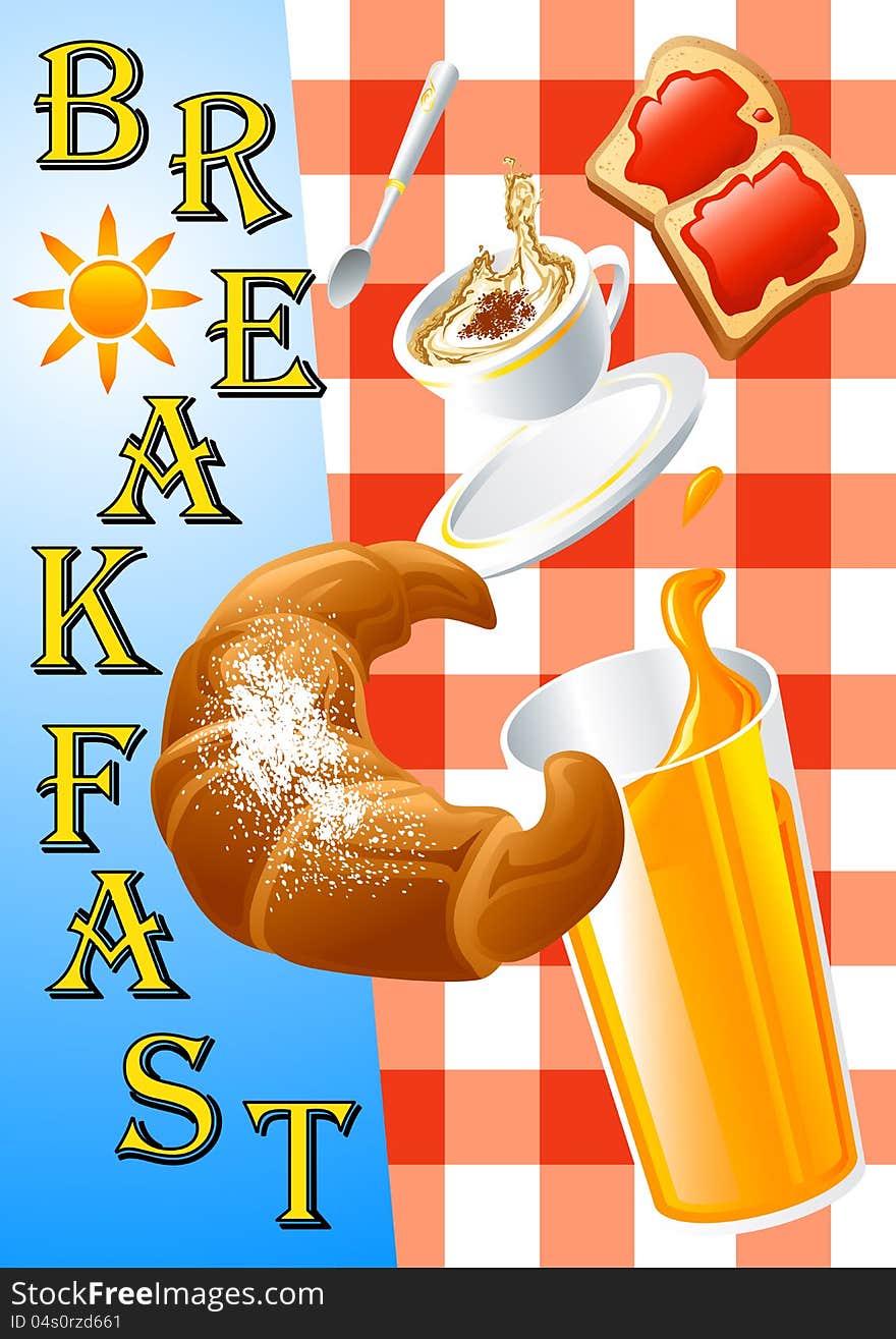 Abstract illustration about breakfast with cappuccino, croissant, orange juice and rusks with jam. Available in vector EPS format. Abstract illustration about breakfast with cappuccino, croissant, orange juice and rusks with jam. Available in vector EPS format