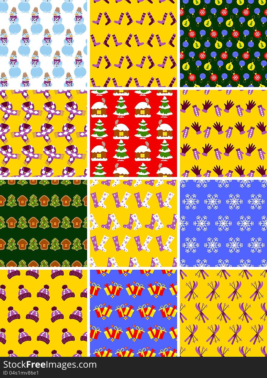 Twelve simple Christmas seamless patterns. Twelve simple Christmas seamless patterns