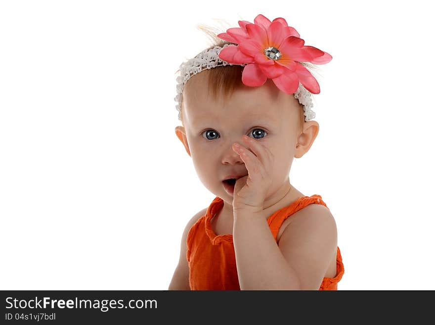 Little Girl with flower on her head isolated on a white background