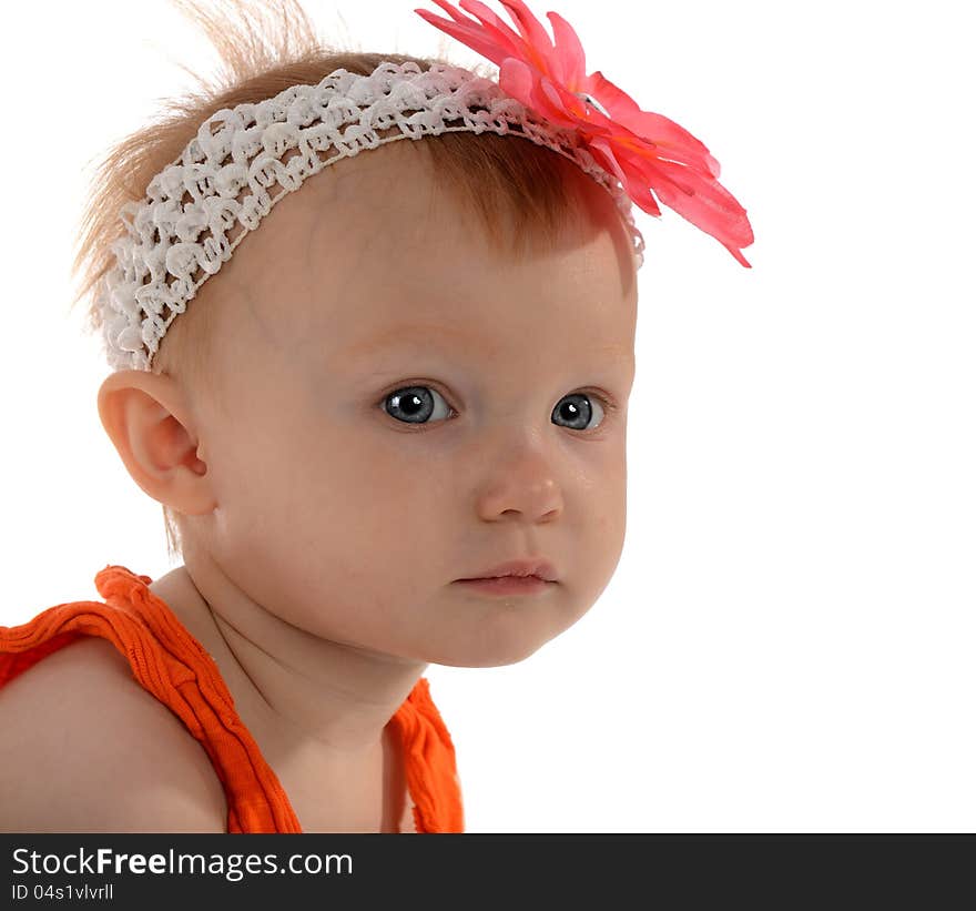 Little Girl with flower on her head isolated on a white background