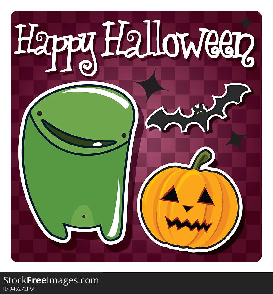 Happy Halloween card with cute monsters, pumpkin and a bat, vector