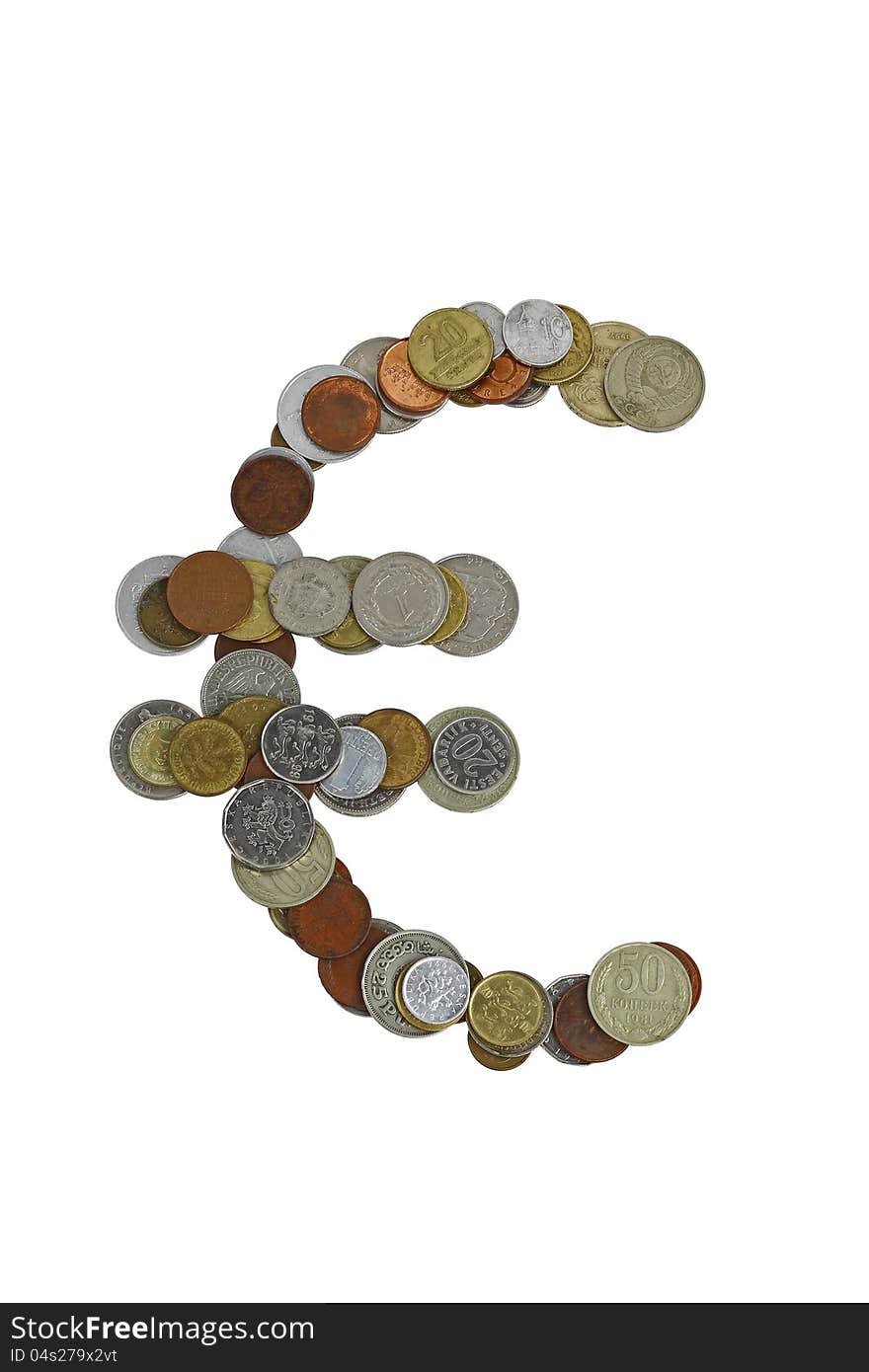 Euro sign, laid out with small coins of different countries, mostly obsolete