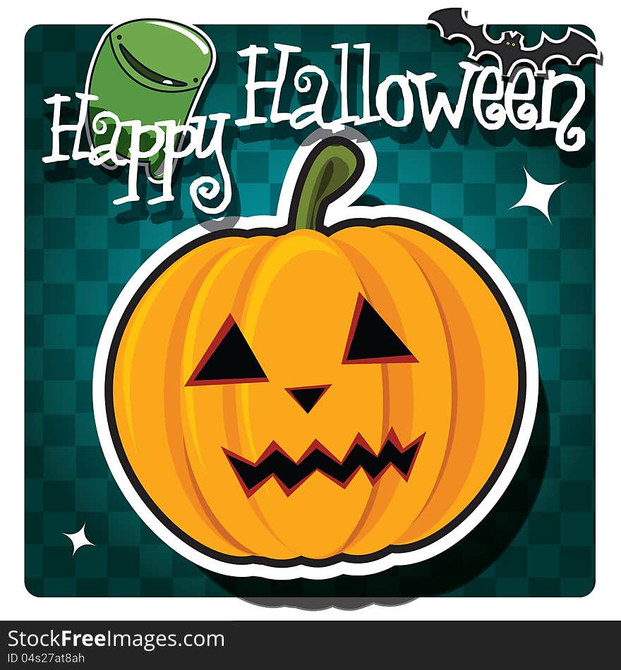 Happy Halloween card with cute monsters, pumpkin and a bat, vector