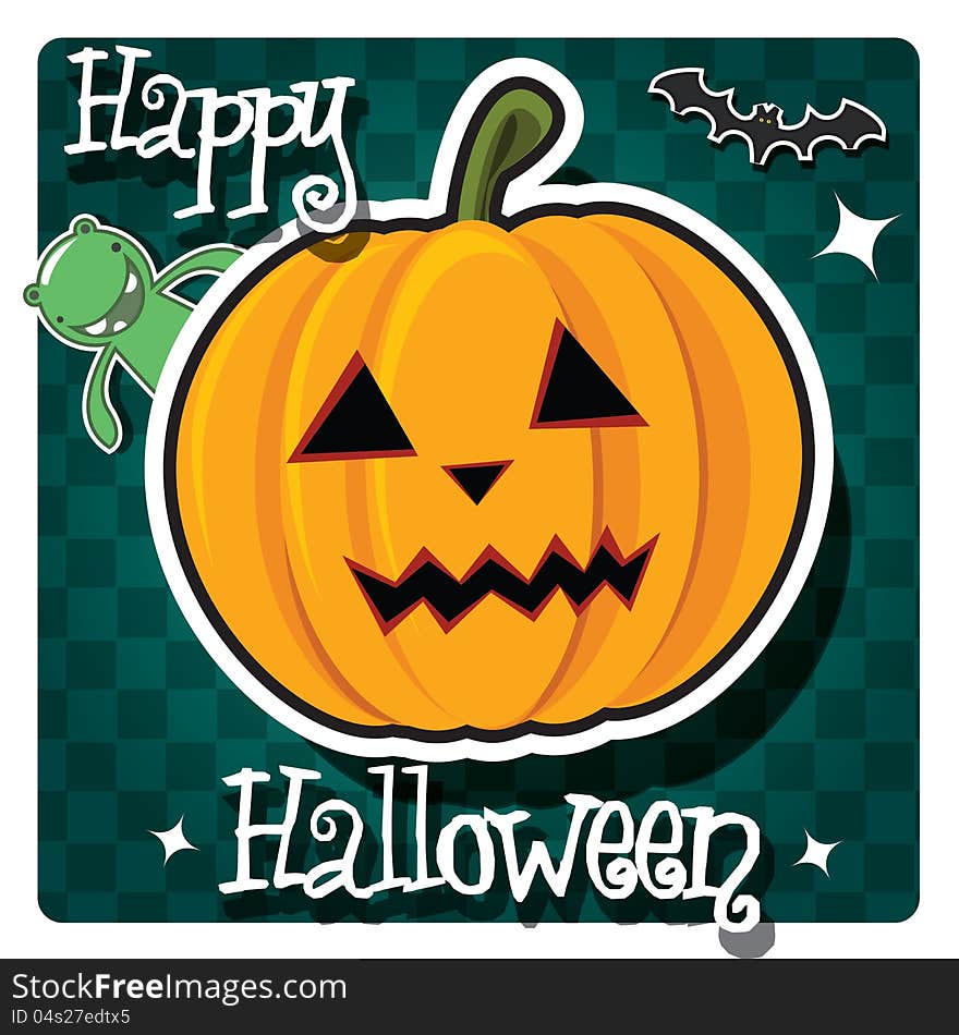 Happy Halloween card with cute monsters, pumpkin and a bat, vector