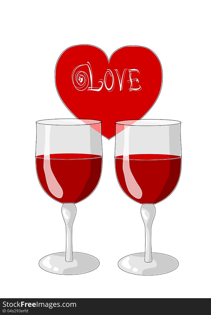 One heart and two glasses of wine - valentines day.