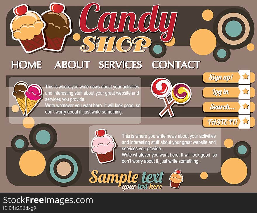 Website template design elements, vintage retro, candy shop, vector