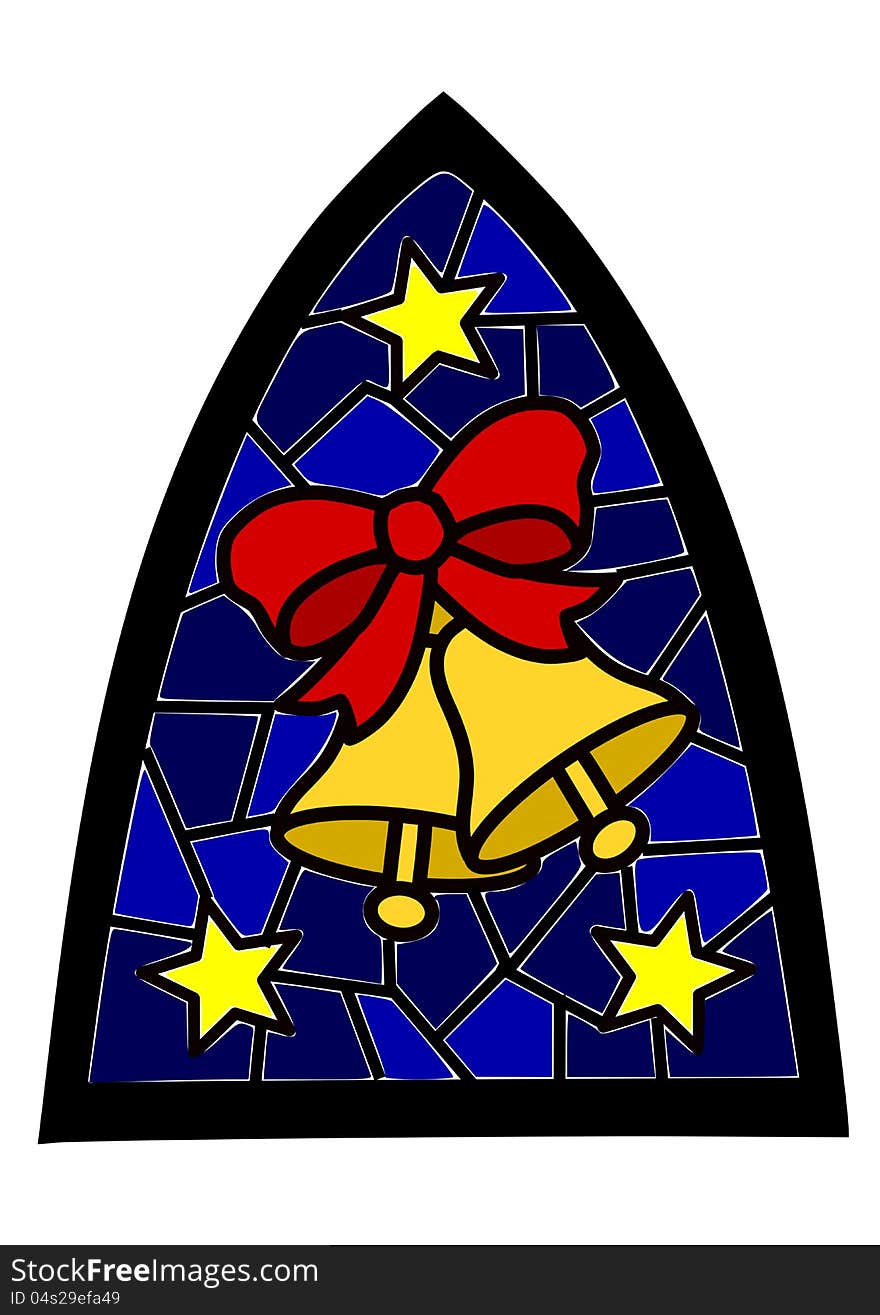 Two golden christmas bells on blue stained-glass window.