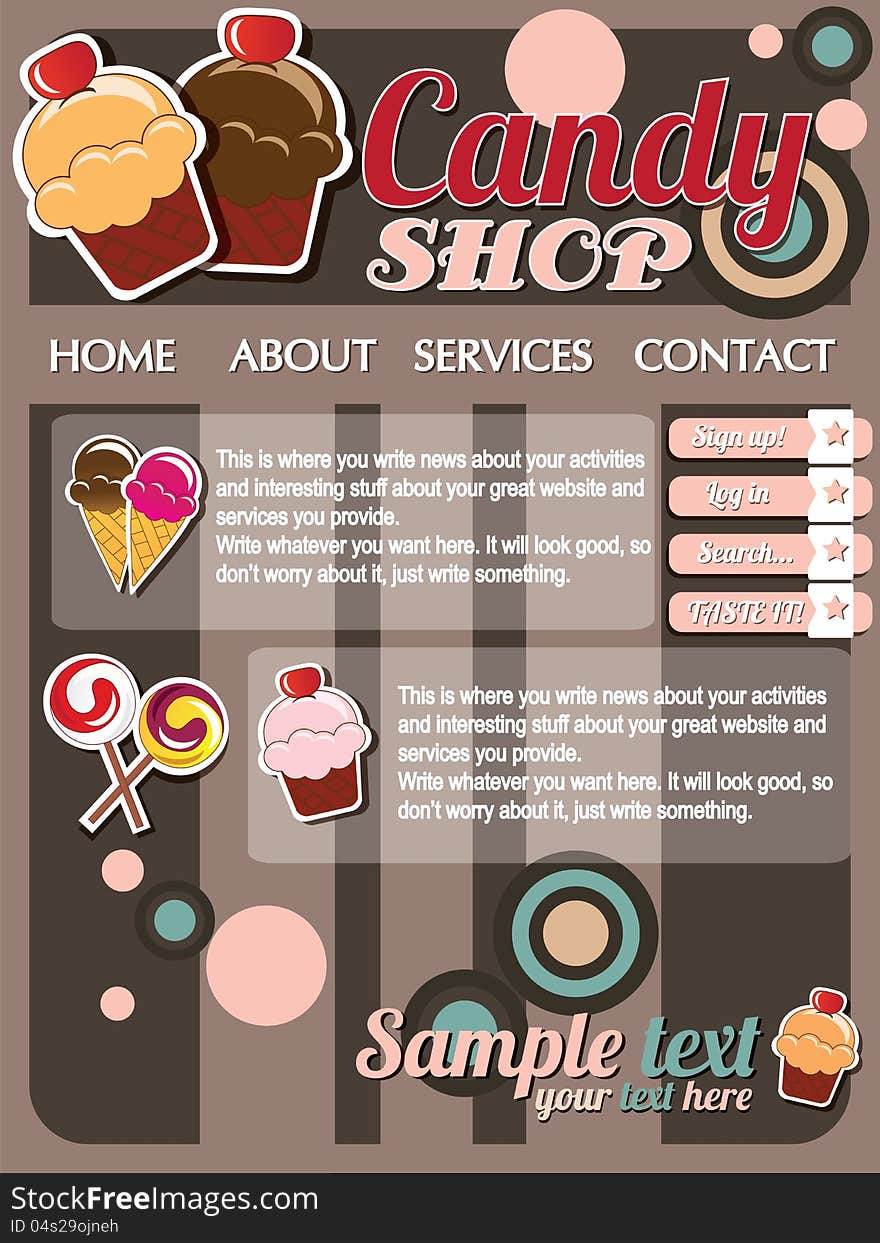 Website template design elements, vintage retro, candy shop, vector