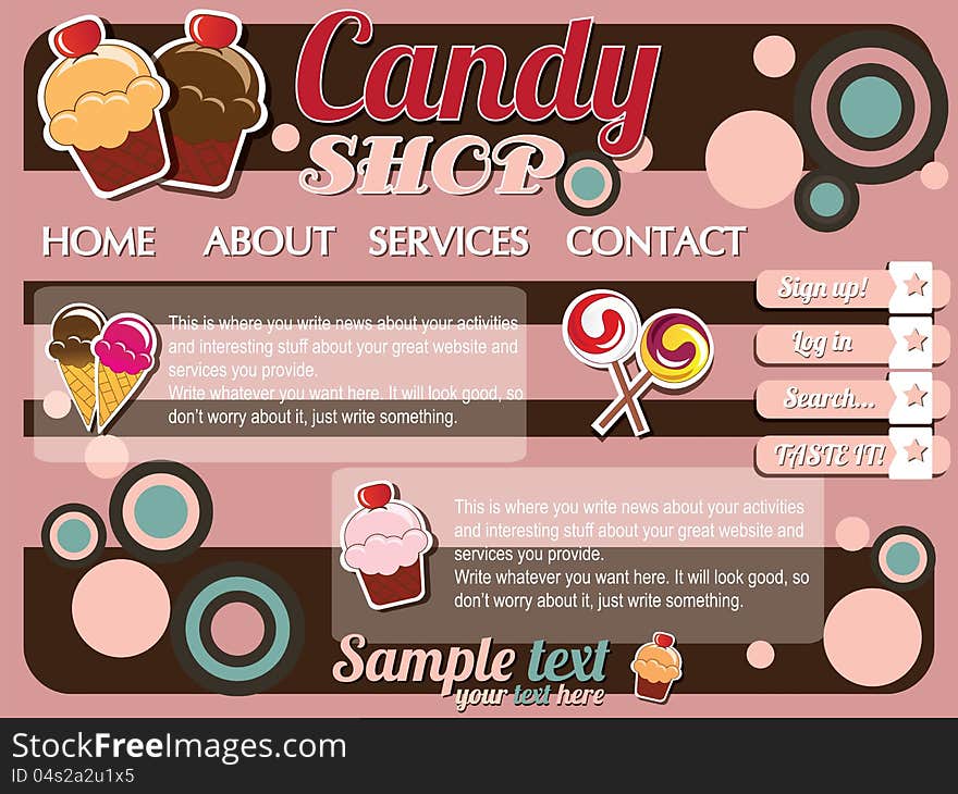 Website template design elements, vintage retro, candy shop, vector