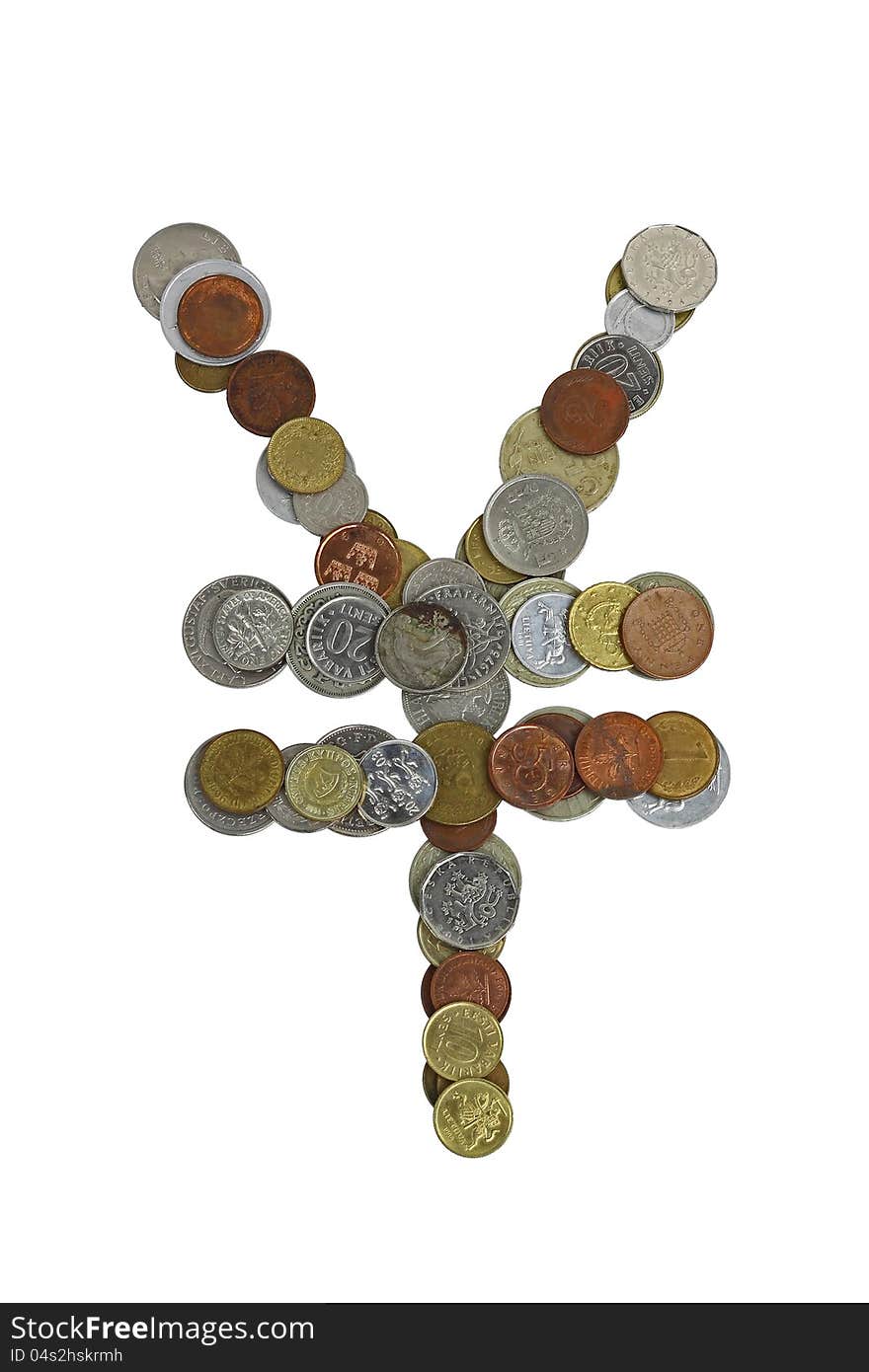 Japanese yen or chinese yuan sign, laid out with small coins of different countries, mostly obsolete. Japanese yen or chinese yuan sign, laid out with small coins of different countries, mostly obsolete