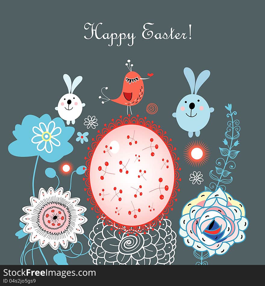 Merry festive Easter card with rabbits and eggs on a blue background with flowers and birds