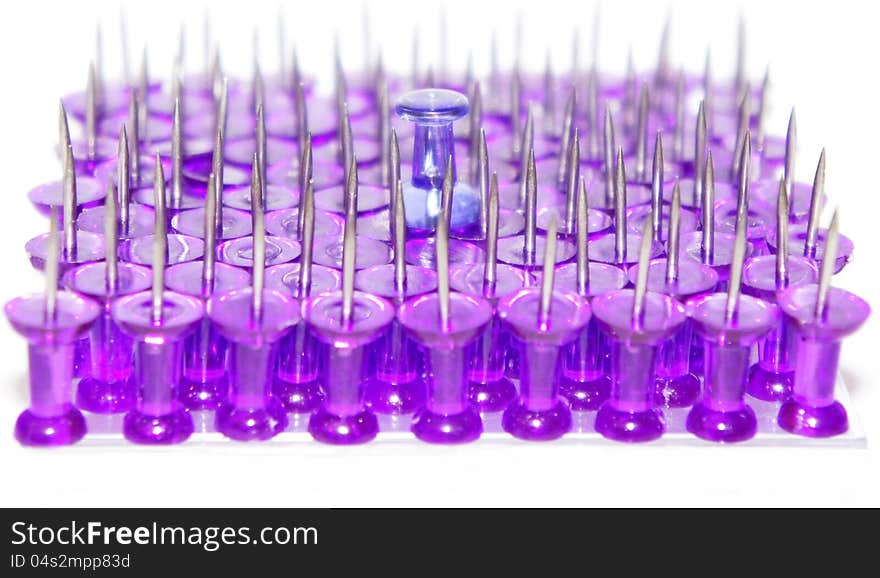 Purple push pins close-up on white background standing points up with one different in the middle