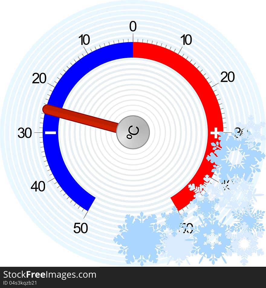 A device for measuring temperature and snowflakes.The illustration on a white background. A device for measuring temperature and snowflakes.The illustration on a white background.