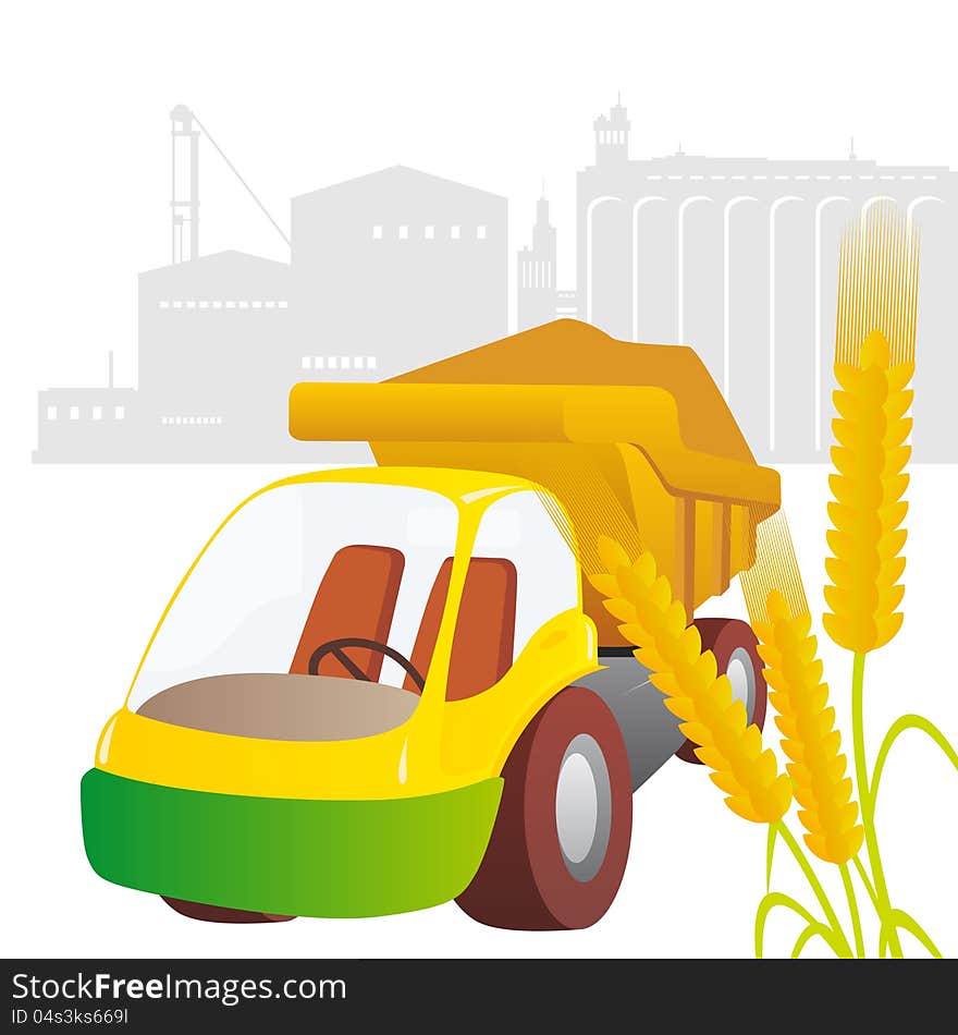 Ear of wheat and truck against the elevator. Illustration on white background. Ear of wheat and truck against the elevator. Illustration on white background.