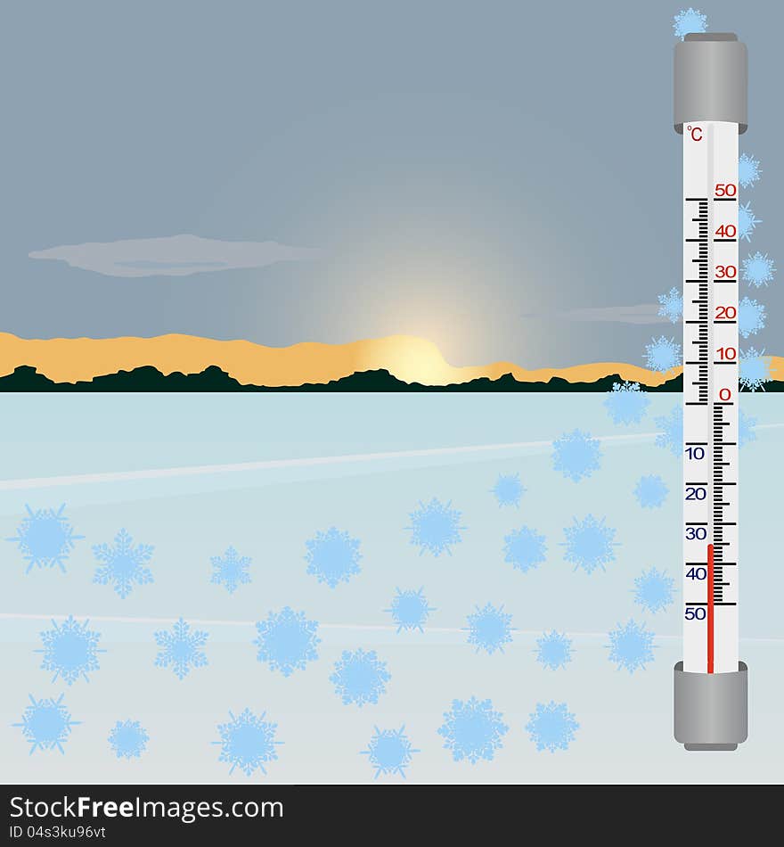 Thermometer against the winter landscape. The illustration on a white background