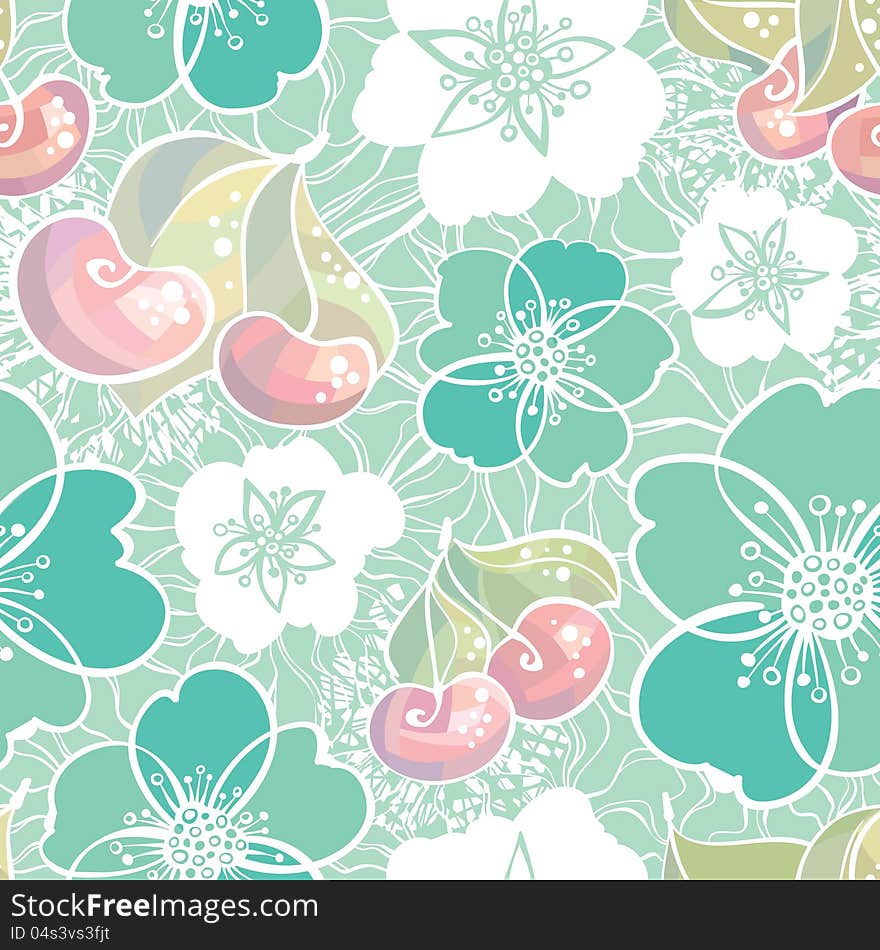 Cherry in pastel colors. Vector seamless pattern