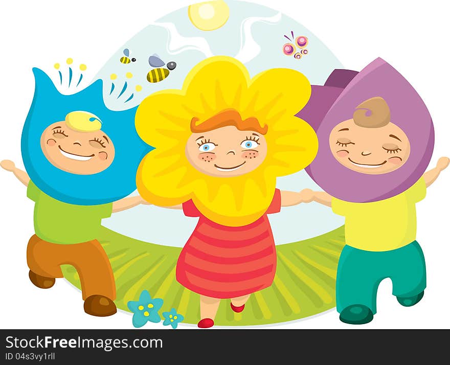 Three happy children in nature. Vector