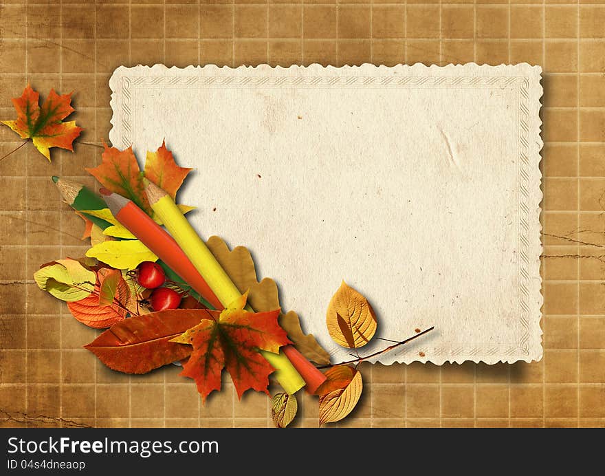 Victorian background with old card,autumn leaves and pencils. family album. Victorian background with old card,autumn leaves and pencils. family album