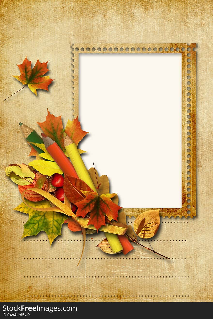 Vintage background with stamp-frames and pencils, and autumn leaves.famiy album