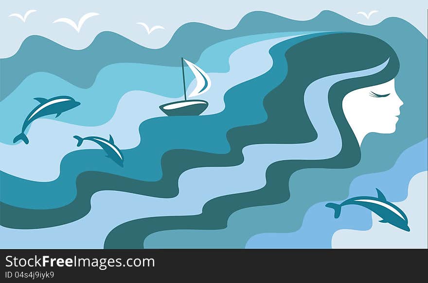 A girl who dreams of the sea, vector illustration. A girl who dreams of the sea, vector illustration