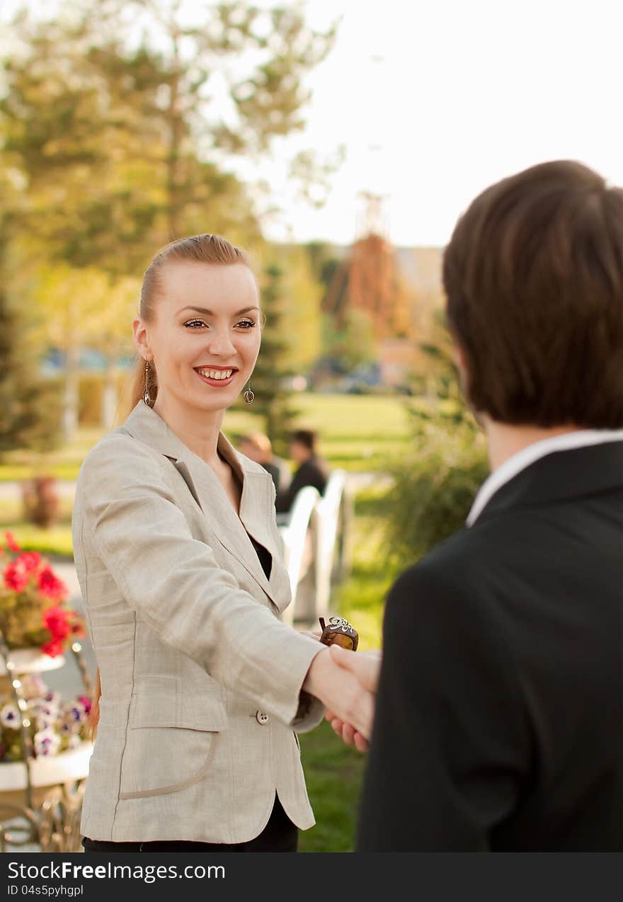 Meeting with partner and hand shaking