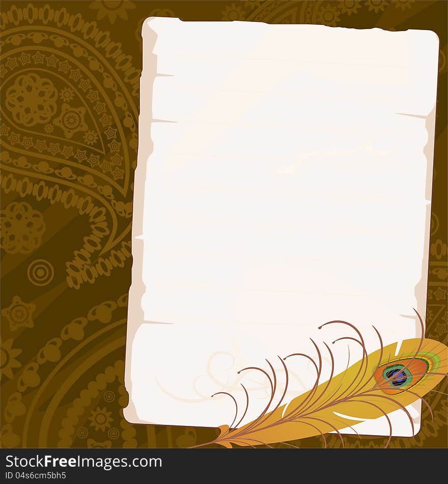 Old beige paper with feather over paisley background. Old beige paper with feather over paisley background