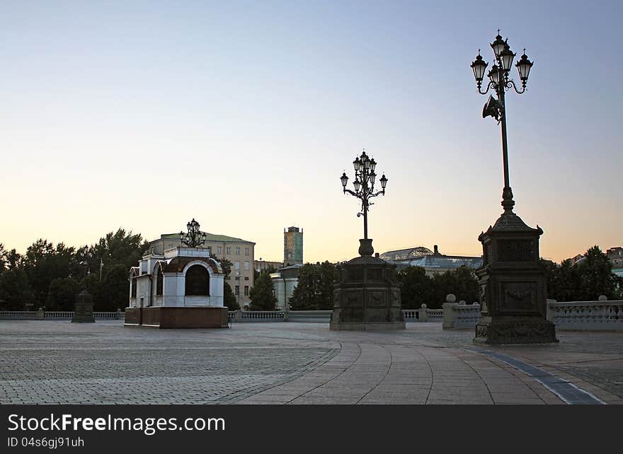 Square by the Cathedral of Christ  the Savior in Moscow after sunset. Square by the Cathedral of Christ  the Savior in Moscow after sunset