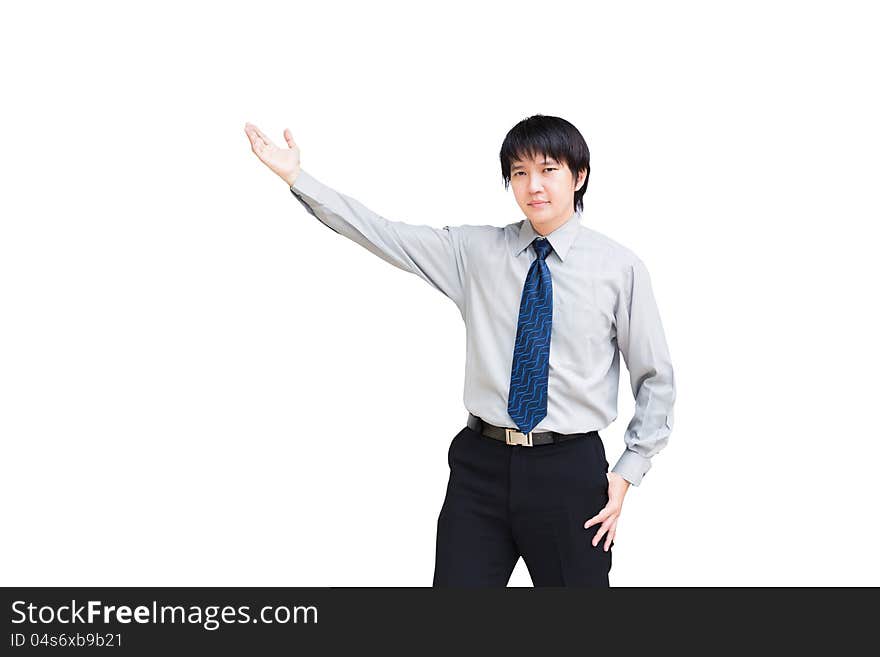 Asian business man giving presentation on white background