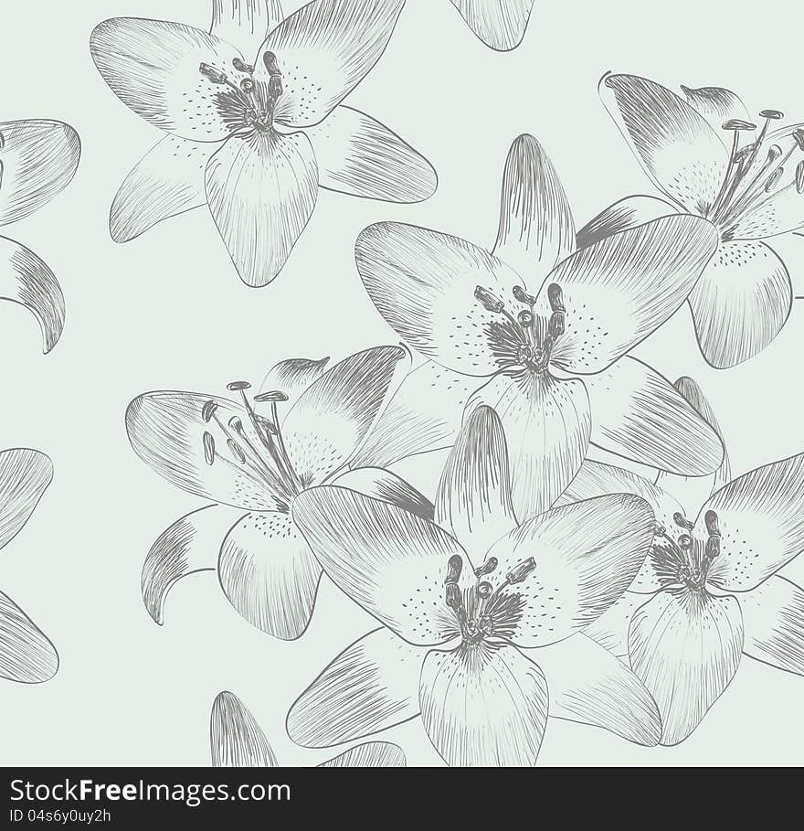 Cute seamless pattern with lilies. Hand-drawn illustration.