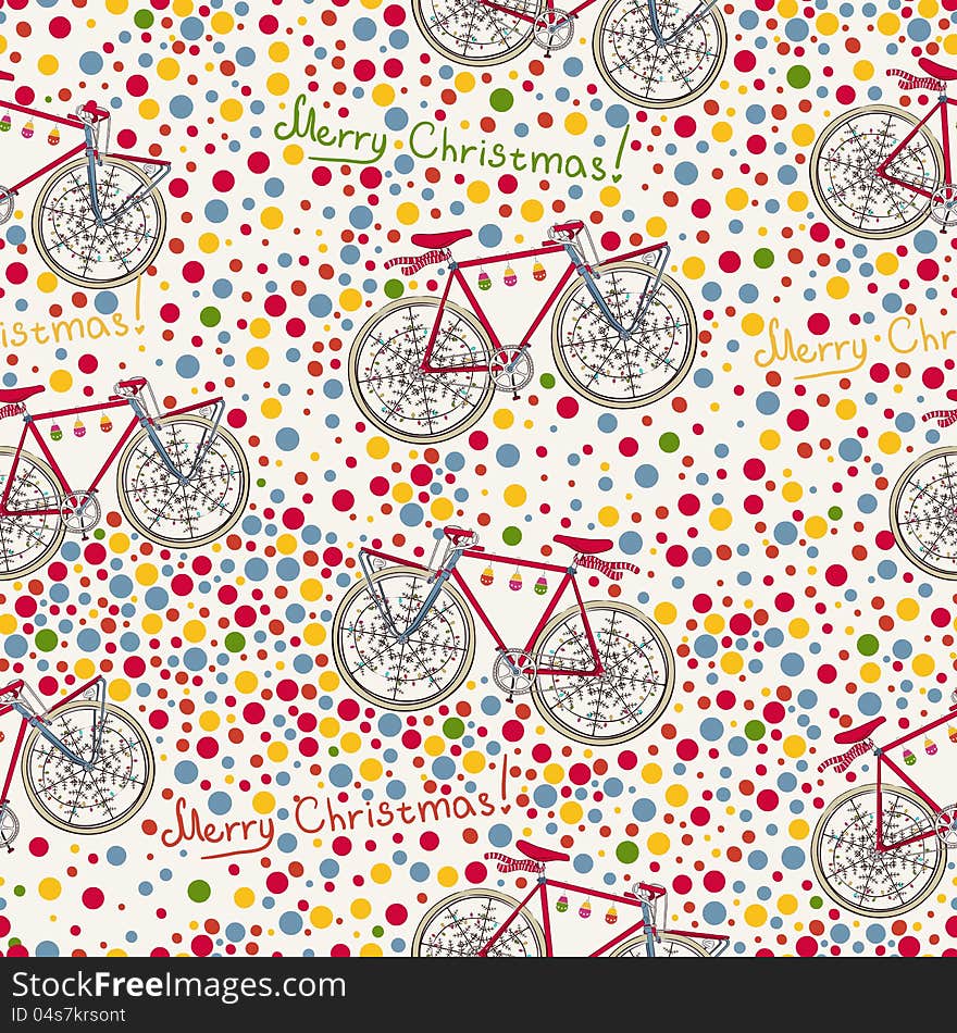 Seamless pattern with christmas bike and gift box