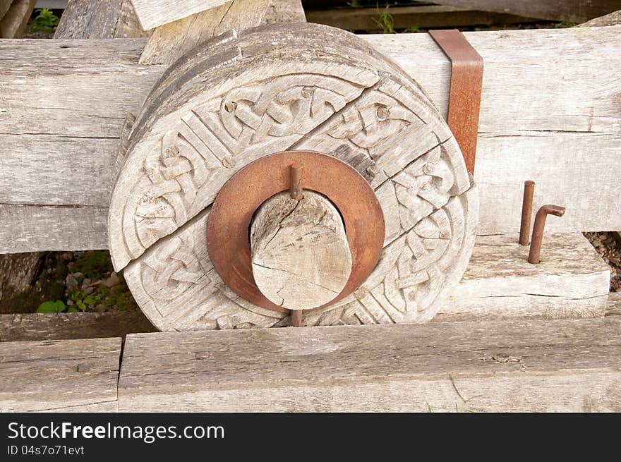 Wooden Wheel with a celtic pattern, Urquhart Castle,Loch-ness, Highlands,Scotland,UK