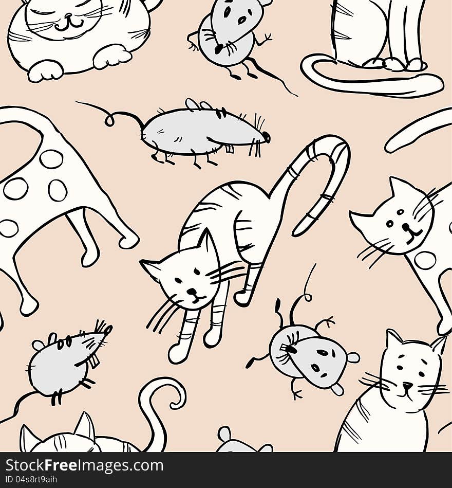 Vector drawing of a cartoon cats and rats in style of a sketch. Vector drawing of a cartoon cats and rats in style of a sketch.