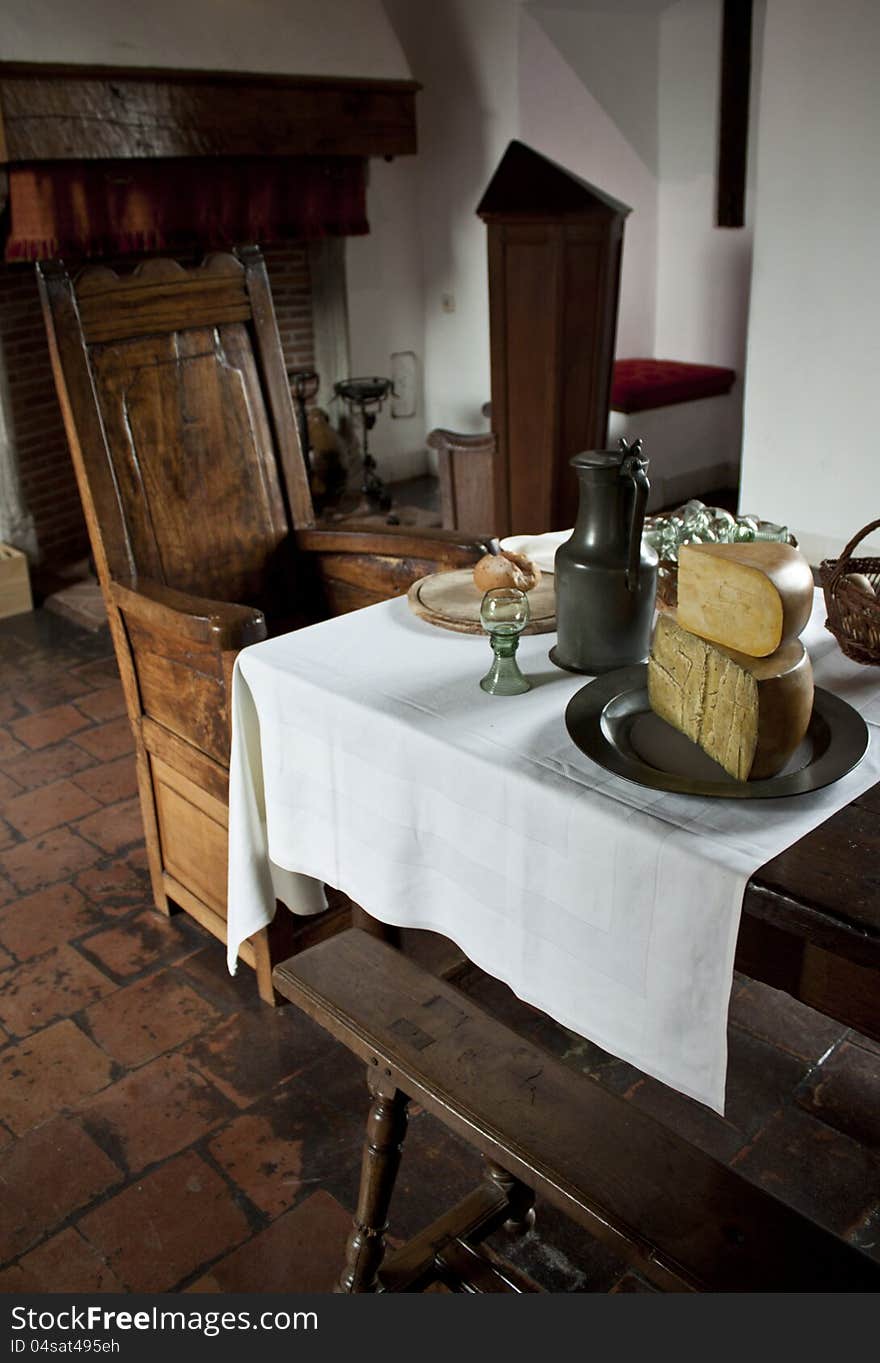 Diningroom in medieval Fortress Muiderslot (13th century), located in Netherlands