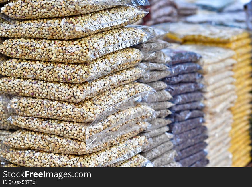 Packed Indian spices in a market.