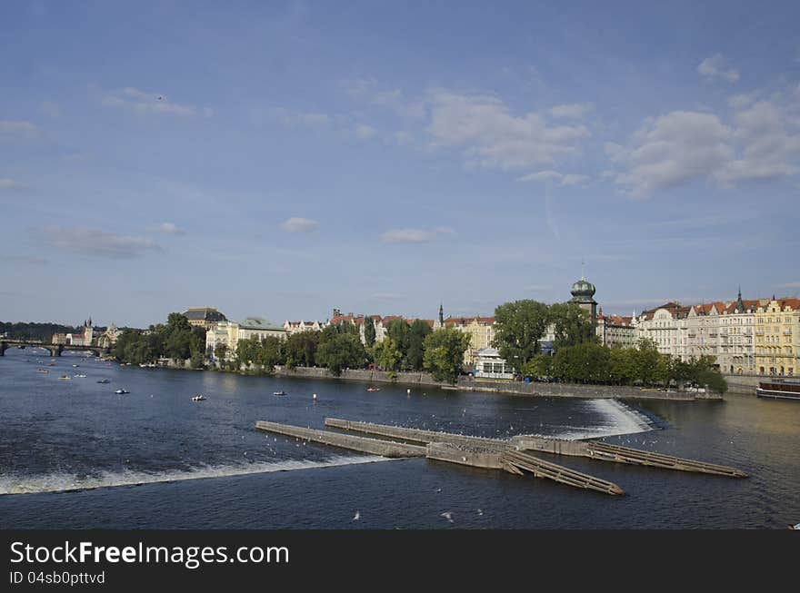 A picturesque view of the Vltava river in Prague, Czech Republic