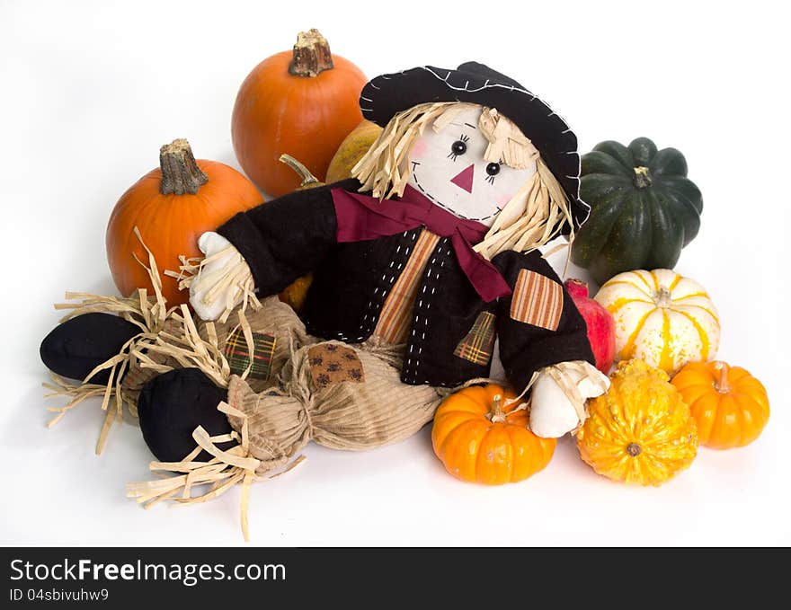 Harvest scarecrow laying on a bed squash, fairytale, cinderella, and Halloween pumpkins.