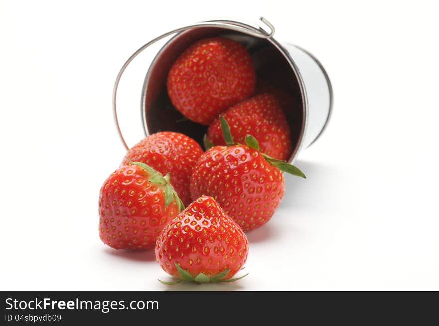 Ripe Strawberry Scattered from Tin Bucket  on white background. Ripe Strawberry Scattered from Tin Bucket  on white background