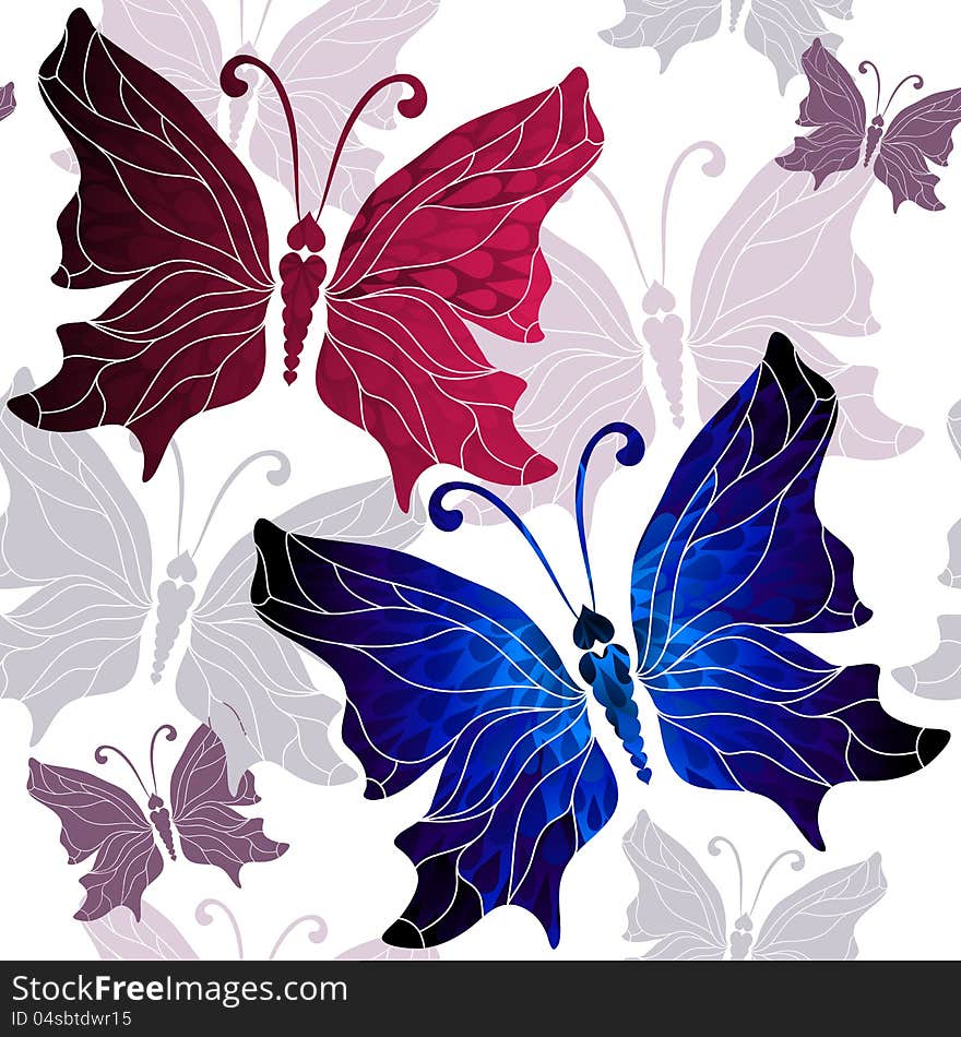 Seamless white pattern with vivid red, blue and gray butterflies (vector). Seamless white pattern with vivid red, blue and gray butterflies (vector)