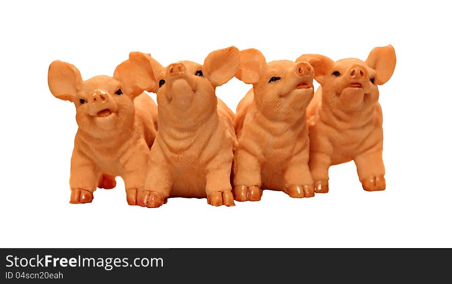 Photo of four piglet friends enjoying each others company on white background. Photo of four piglet friends enjoying each others company on white background.