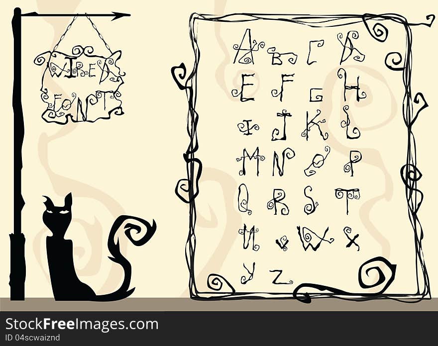 Iron necklace, stylized alphabet, with swirls and addition illustrations of a cat, frames and street pole. Separate layers. Iron necklace, stylized alphabet, with swirls and addition illustrations of a cat, frames and street pole. Separate layers.