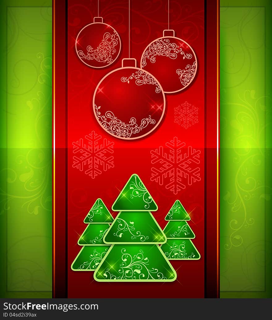 Balls and fir trees on red and green color background, vector illustration. Balls and fir trees on red and green color background, vector illustration