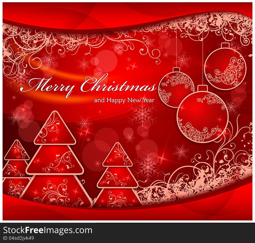 Christmas background with fir trees and balls in red & text, vector illustration. Christmas background with fir trees and balls in red & text, vector illustration