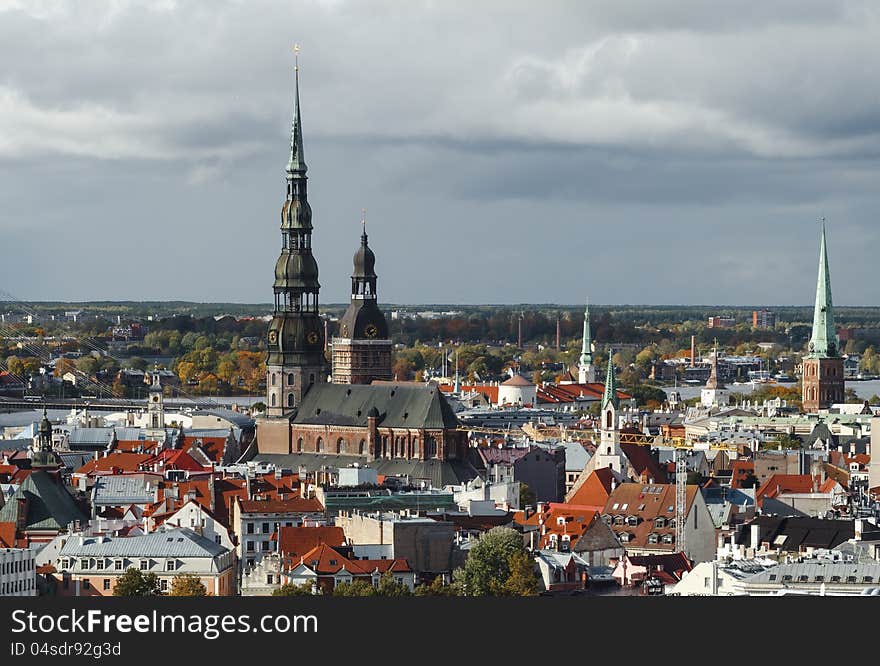 Colorful view on historical center of Riga city, Latvia, Europe