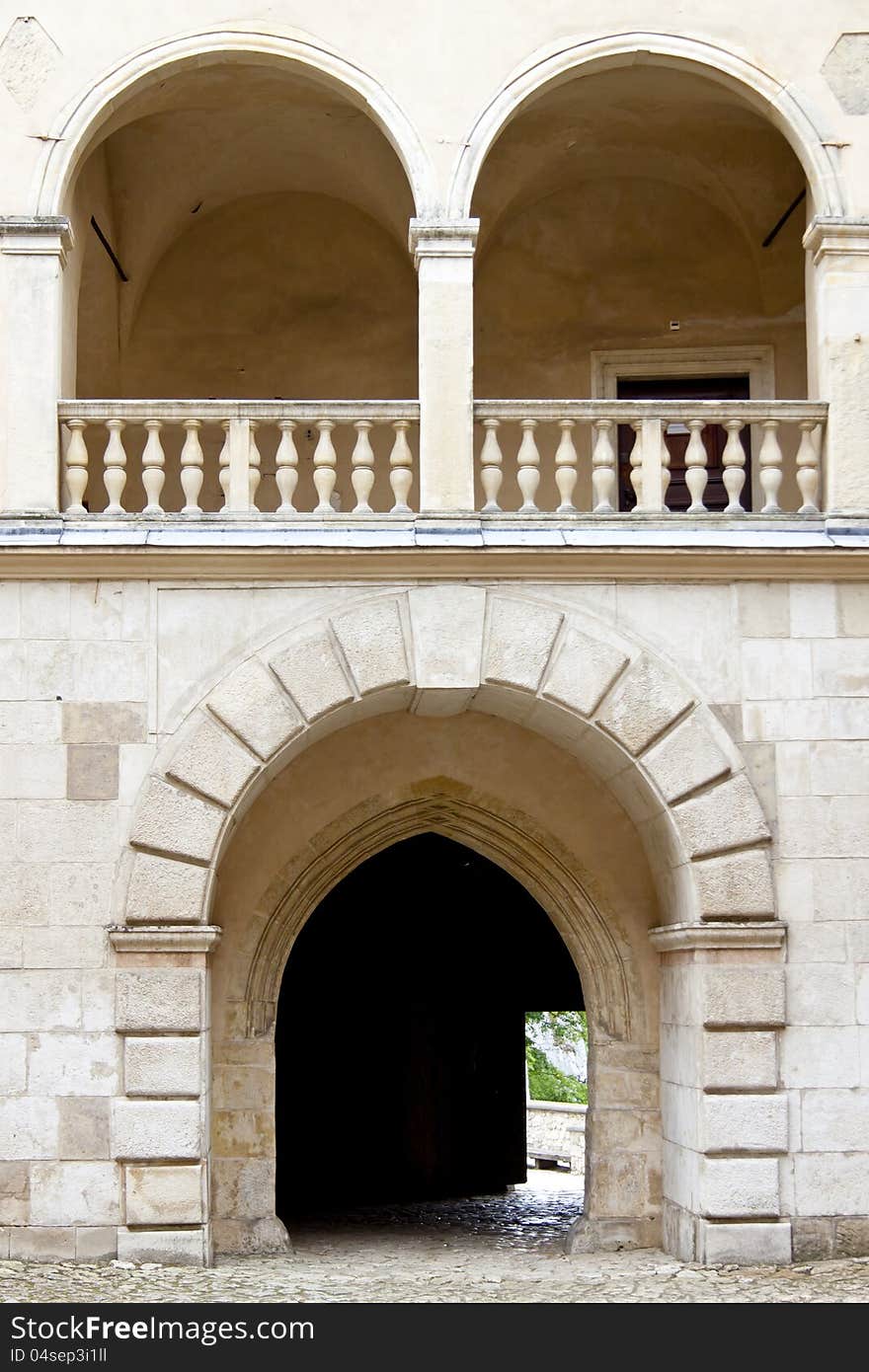 View on wall and gate to Pieskowa Skala Palace - Poland.